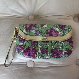Coach Floral Canvas Wristlet in Green, Purple & Cream 2000s style